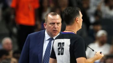 SAN ANTONIO,TX - OCTOBER 18: Minnesota Timberwolves head coach Tom Thibodeau stares down official Pat Fraher after a call went for the San Antonio Spurs at AT (Photo by Ronald Cortes/Getty Images)