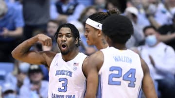 CHAPEL HILL, NORTH CAROLINA - FEBRUARY 12: Dontrez Styles #3 of the North Carolina Tar Heels reacts after a dunk against the Florida State Seminoles during the first half of their game at the Dean E. Smith Center on February 12, 2022 in Chapel Hill, North Carolina. (Photo by Grant Halverson/Getty Images)