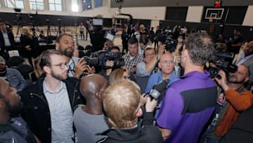 SACRAMENTO, CA - APRIL 15 : Vlade Divac introduces Luke Walton as the new Head Coach of the Sacramento Kings at a press conference on April 15, 2019 at the Golden 1 Center in Sacramento, California. NOTE TO USER: User expressly acknowledges and agrees that, by downloading and/or using this Photograph, user is consenting to the terms and conditions of the Getty Images License Agreement. Mandatory Copyright Notice: Copyright 2019 NBAE (Photo by Rocky Widner/NBAE via Getty Images)
