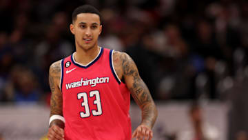 WASHINGTON, DC - NOVEMBER 10: Kyle Kuzma #33 of the Washington Wizards celebrates after scoring against the Dallas Mavericks at Capital One Arena on November 10, 2022 in Washington, DC. NOTE TO USER: User expressly acknowledges and agrees that, by downloading and or using this photograph, User is consenting to the terms and conditions of the Getty Images License Agreement. (Photo by Rob Carr/Getty Images)