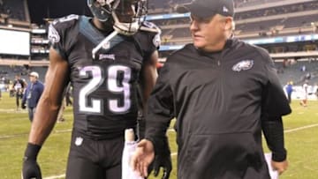 Oct 19, 2015; Philadelphia, PA, USA; Philadelphia Eagles head coach Chip Kelly and running back DeMarco Murray (29) walk off the field after win over the New York Giants at Lincoln Financial Field. The Eagles defeated the Giants, 27-7. Mandatory Credit: Eric Hartline-USA TODAY Sports