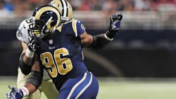 Aug 8, 2014; St. Louis, MO, USA; St. Louis Rams defensive end Michael Sam (96) defends against the New Orleans Saints during the first half at Edward Jones Dome. Mandatory Credit: Jeff Curry-USA TODAY Sports