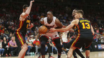 Apr 24, 2022; Atlanta, Georgia, USA; Miami Heat center Bam Adebayo (13) drives against the Atlanta Hawks in the second quarter during game four of the first round of the 2022 NBA playoffs at State Farm Arena. Mandatory Credit: Brett Davis-USA TODAY Sports