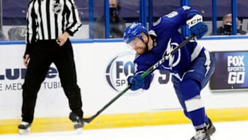 Mar 15, 2021; Tampa, Florida, USA; Tampa Bay Lightning defenseman Erik Cernak (81) shoots against the Nashville Predators during the third period at Amalie Arena. Mandatory Credit: Kim Klement-USA TODAY Sports