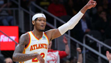Cam Reddish #22 of the Atlanta Hawks reacts after hitting a three-point basket against the Detroit Pistons (Photo by Kevin C. Cox/Getty Images)