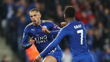 LEICESTER, ENGLAND - SEPTEMBER 19: Islam Slimani of Leicester City celebrates scoring his sides second goal with Demarai Gray of Leicester City during the Carabao Cup Third Round match between Leicester City and Liverpool at The King Power Stadium on September 19, 2017 in Leicester, England. (Photo by Matthew Lewis/Getty Images)