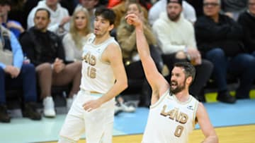Dec 23, 2022; Cleveland, Ohio, USA; Cleveland Cavaliers forward Kevin Love (0) watches his three point attempt in the third quarter against the Toronto Raptors at Rocket Mortgage FieldHouse. Mandatory Credit: David Richard-USA TODAY Sports