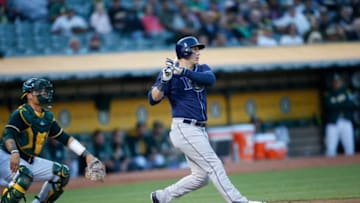 OAKLAND, CA - JULY 17: Logan Morrison #7 of the Tampa Bay Rays bats during the game against the Oakland Athletics at the Oakland Alameda Coliseum on July 17, 2017 in Oakland, California. The Rays defeated the Athletics 3-2. (Photo by Michael Zagaris/Oakland Athletics/Getty Images)