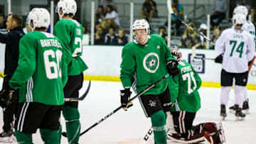 FRISCO, TX - JUNE 29: First round draft choice Ty Dellandrea (15) goes through hockey drills during the Dallas Stars Development Camp on June 29, 2018 at the Dr. Pepper Stars Center in Frisco, Texas. (Photo by Matthew Pearce/Icon Sportswire via Getty Images)