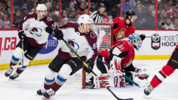 OTTAWA, ON - JANUARY 16: Colorado Avalanche Left Wing Matt Nieto (83) turns to follow the play during first period National Hockey League action between the Colorado Avalanche and Ottawa Senators on January 16, 2019, at Canadian Tire Centre in Ottawa, ON, Canada. (Photo by Richard A. Whittaker/Icon Sportswire via Getty Images)