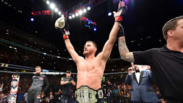 CLEVELAND, OH - SEPTEMBER 10: Stipe Miocic celebrates after defeating Alistair Overeem of The Netherlands in their UFC heavyweight championship bout during the UFC 203 event at Quicken Loans Arena on September 10, 2016 in Cleveland, Ohio. (Photo by Josh Hedges/Zuffa LLC/Zuffa LLC via Getty Images)