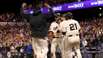 Oct 10, 2016; San Francisco, CA, USA; The San Francisco Giants celebrate after San Francisco Giants second baseman Joe Panik (12) hit a walk-off RBI double during the thirteenth inning to win game three of the 2016 NLDS playoff baseball series at AT&T Park. The San Francisco Giants won 6-5 in thirteen innings. Mandatory Credit: Kelley L Cox-USA TODAY Sports