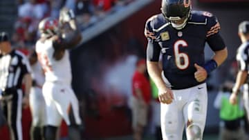 Nov 13, 2016; Tampa, FL, USA; Chicago Bears quarterback Jay Cutler (6) runs off the field after Tampa Bay Buccaneers defensive end Robert Ayers (91) gets a safety during the second half at Raymond James Stadium. Tampa Bay Buccaneers defeated the Chicago Bears 36-10. Mandatory Credit: Kim Klement-USA TODAY Sports