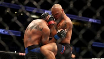 ANAHEIM, CA - JULY 29: Robbie Lawler knees Donald Cerrone in their welterweight bout during the UFC 214 event at Honda Center on July 29, 2017 in Anaheim, California. (Photo by Christian Petersen/Zuffa LLC/Zuffa LLC via Getty Images)
