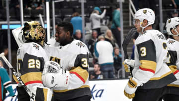 SAN JOSE, CA - OCTOBER 04: The Vegas Golden Knights celebrate the win against the San Jose Sharks at SAP Center on October 4, 2019 in San Jose, California. (Photo by Brandon Magnus/NHLI via Getty Images)
