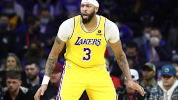 PHILADELPHIA, PENNSYLVANIA - JANUARY 27: Anthony Davis #3 of the Los Angeles Lakers looks on a gainst the Philadelphia 76ers at Wells Fargo Center on January 27, 2022 in Philadelphia, Pennsylvania. NOTE TO USER: User expressly acknowledges and agrees that, by downloading and or using this photograph, User is consenting to the terms and conditions of the Getty Images License Agreement. (Photo by Tim Nwachukwu/Getty Images)