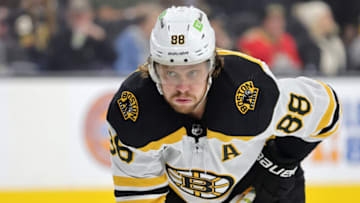 LAS VEGAS, NEVADA - DECEMBER 11: David Pastrnak #88 of the Boston Bruins waits for a faceoff in the first period of a game against the Vegas Golden Knights at T-Mobile Arena on December 11, 2022 in Las Vegas, Nevada. The Bruins defeated the Golden Knights 3-1. (Photo by Ethan Miller/Getty Images)