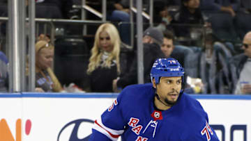 NEW YORK, NEW YORK - OCTOBER 23: Ryan Reaves #75 of the New York Rangers skates against the Columbus Blue Jackets at Madison Square Garden on October 23, 2022 in New York City. The Blue Jackets defeated the Rangers 5-1. (Photo by Bruce Bennett/Getty Images)