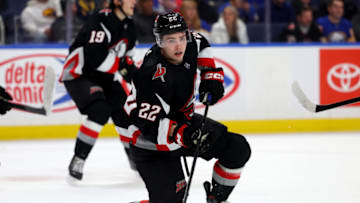 Dec 13, 2022; Buffalo, New York, USA; Buffalo Sabres right wing Jack Quinn (22) looks for the puck during the second period against the Los Angeles Kings at KeyBank Center. Mandatory Credit: Timothy T. Ludwig-USA TODAY Sports