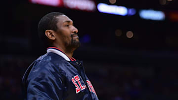 LOS ANGELES, CA - DECEMBER 08: Metta World Peace reacts in a St. John's Red Storm 82-70 loss to Arizona State Sun Devils during the Basketball Hall of Fame Classic at Staples Center on December 8, 2017 in Los Angeles, California. (Photo by Harry How/Getty Images)