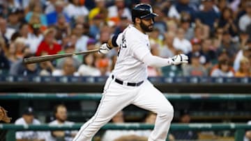 Aug 6, 2016; Detroit, MI, USA; Detroit Tigers right fielder J.D. Martinez (28) hits a single in the fourth inning against the New York Mets at Comerica Park. Mandatory Credit: Rick Osentoski-USA TODAY Sports