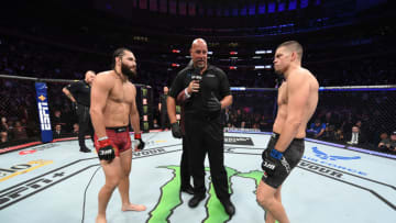 NEW YORK, NEW YORK - NOVEMBER 02: (L-R) Jorge Masvidal and Nate Diaz face off before their welterweight bout for the BMF title during the UFC 244 event at Madison Square Garden on November 02, 2019 in New York City. (Photo by Josh Hedges/Zuffa LLC via Getty Images)