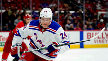Nov 7, 2019; Raleigh, NC, USA; New York Rangers right wing Kaapo Kakko (24) skates against the Carolina Hurricanes at PNC Arena. The Rangers won 4-2. Mandatory Credit: James Guillory-USA TODAY Sports