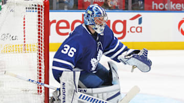 TORONTO, ON - MAY 14: Jack Campbell #36 of the Toronto Maple Leafs watches for a shot against the Tampa Bay Lightning during Game Seven of the First Round of the 2022 Stanley Cup Playoffs at Scotiabank Arena on May 14, 2022 in Toronto, Ontario, Canada. ( Photo by Claus Andersen/Getty images)