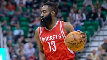 Feb 23, 2016; Salt Lake City, UT, USA; Houston Rockets guard James Harden (13) dribbles the ball during the first quarter against the Utah Jazz at Vivint Smart Home Arena. Mandatory Credit: Russ Isabella-USA TODAY Sports
