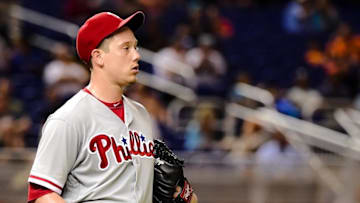 Sep 7, 2016; Miami, FL, USA; Philadelphia Phillies starting pitcher Jeremy Hellickson (58) reacts near the pitchers mound during the fifth inning against the Miami Marlins at Marlins Park. Mandatory Credit: Steve Mitchell-USA TODAY Sports