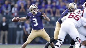 Sep 30, 2016; Seattle, WA, USA; Washington Huskies quarterback Jake Browning (3) throws a pass against the Stanford Cardinal during the first quarter at Husky Stadium. Mandatory Credit: Jennifer Buchanan-USA TODAY Sports