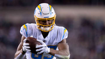PHILADELPHIA, PA - NOVEMBER 07: Donald Parham Jr. #89 of the Los Angeles Chargers runs with the ball against the Philadelphia Eagles at Lincoln Financial Field on November 7, 2021 in Philadelphia, Pennsylvania. (Photo by Mitchell Leff/Getty Images)