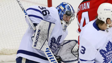 Toronto Maple Leafs goaltender Jack Campbell (36) makes a save with his mask against New Jersey Devils during the third period at Prudential Center. Mandatory Credit: Tom Horak-USA TODAY Sports