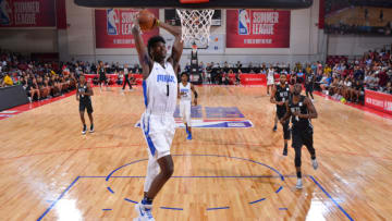 LAS VEGAS, NV - JULY 6: Jonathan Isaac #1 of the Orlando Magic dunks the ball against the Brooklyn Nets during the 2018 Las Vegas Summer League on July 6, 2018 at the Cox Pavilion in Las Vegas, Nevada. NOTE TO USER: User expressly acknowledges and agrees that, by downloading and/or using this photograph, user is consenting to the terms and conditions of the Getty Images License Agreement. Mandatory Copyright Notice: Copyright 2018 NBAE (Photo by David Dow/NBAE via Getty Images)