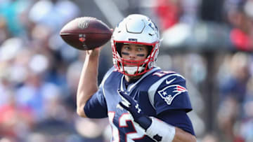 FOXBOROUGH, MA - SEPTEMBER 30: Tom Brady #12 of the New England Patriots looks to pass during the first half against the Miami Dolphins at Gillette Stadium on September 30, 2018 in Foxborough, Massachusetts. (Photo by Maddie Meyer/Getty Images)
