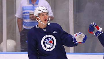 NEW YORK, NY - JUNE 29: New York Rangers Right Wing Vitali Kravtsov (74) celebrates after he scores during New York Rangers Prospect Development Camp on June 29, 2018 at the MSG Training Center in New York, NY. (Photo by Rich Graessle/Icon Sportswire via Getty Images)