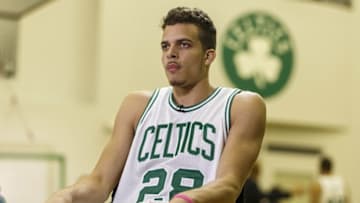 Sep 25, 2015; Waltham, MA, USA; Boston Celtics guard R.J. Hunter (28) during media day at the Boston Celtic Practice Facility. Mandatory Credit: David Butler II-USA TODAY Sports