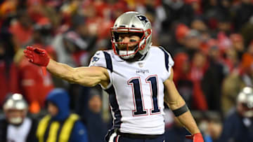 KANSAS CITY, MISSOURI - JANUARY 20: Julian Edelman #11 of the New England Patriots reacts after a first down in the first quarter against the Kansas City Chiefs during the AFC Championship Game at Arrowhead Stadium on January 20, 2019 in Kansas City, Missouri. (Photo by Peter Aiken/Getty Images)