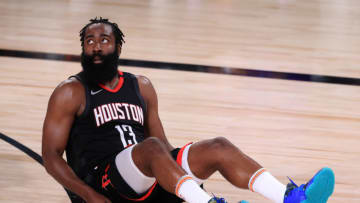 James Harden #13 of the Houston Rockets reacts during the third quarter against the Los Angeles Lakers(Photo by Michael Reaves/Getty Images)