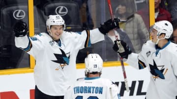 Apr 2, 2016; Nashville, TN, USA; San Jose Sharks center Tomas Hertl (48) celebrates with teammates after a goal during the second period against the Nashville Predators at Bridgestone Arena. Mandatory Credit: Christopher Hanewinckel-USA TODAY Sports