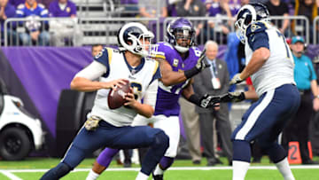MINNEAPOLIS, MN - NOVEMBER 19: Los Angeles Rams Quarterback Jared Goff (16) drops back to throw as Minnesota Vikings defensive end Everson Griffen (97) pursues during a NFL game between the Minnesota Vikings and Los Angeles Rams on November 19, 2017 at U.S. Bank Stadium in Minneapolis, MN. The Vikings defeated the Rams 24-7. (Photo by Nick Wosika/Icon Sportswire via Getty Images)