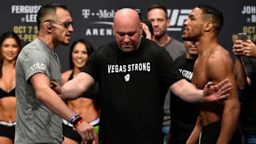 LAS VEGAS, NV - OCTOBER 06: (L-R) Tony Ferguson and Kevin Lee face off during the UFC 216 weigh-in inside T-Mobile Arena on October 6, 2017 in Las Vegas, Nevada. (Photo by Jeff Bottari/Zuffa LLC/Zuffa LLC via Getty Images)