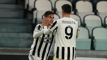 TURIN, ITALY - NOVEMBER 02: Paulo Dybala of Juventus celebrates his first goal with his teammate Alvaro Morata during the match of UEFA Champions League match (Group H) between Juventus FC and FK Zenit Sankt-Peterburg at Allianz Stadium on November 02, 2021 in Turin, Italy. (Photo by Pier Marco Tacca/Anadolu Agency via Getty Images)
