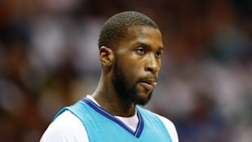Oct 29, 2016; Charlotte, NC, USA; Charlotte Hornets forward Michael Kidd-Gilchrist (14) stands on the court against the Boston Celtics at the Spectrum Center. The Celtics defeated the Hornets 104-98. Mandatory Credit: Jeremy Brevard-USA TODAY Sports