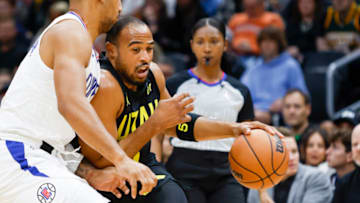 Oct 10, 2023; Seattle, Washington, USA; Utah Jazz guard Talen Horton-Tucker (5) dribbles against the LA Clippers during the third quarter at Climate Pledge Arena. Mandatory Credit: Joe Nicholson-USA TODAY Sports