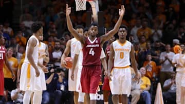 Jan 3, 2017; Knoxville, TN, USA; Arkansas Razorbacks guard Daryl Macon (4) reacts after being called for a foul against the Tennessee Volunteers during the second half at Thompson-Boling Arena. Arkansas won 82 to 78. Mandatory Credit: Randy Sartin-USA TODAY Sports