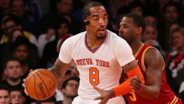 Mar 23, 2014; New York, NY, USA; Cleveland Cavaliers guard Dion Waiters (3) defends New York Knicks guard J.R. Smith (8) during the first quarter at Madison Square Garden. Mandatory Credit: Anthony Gruppuso-USA TODAY Sports