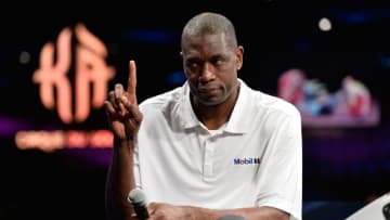 LAS VEGAS, NV - MARCH 09: NBA Hall of Famer Dikembe Mutombo speaks to the media during the Mobil 1 Annual Protection Las Vegas Launch Event inside the MGM Grand Hotel