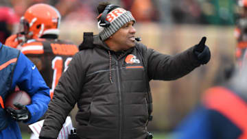 CLEVELAND, OH - DECEMBER 10: Head coach Hue Jackson of the Cleveland Browns looks on from the sideline in the second quarter against the Green Bay Packers at FirstEnergy Stadium on December 10, 2017 in Cleveland, Ohio. (Photo by Jason Miller/Getty Images)
