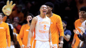 KNOXVILLE, TENNESSEE - MARCH 02: Grant Williams #2 of the Tennessee Volunteers celebrates in the game against the Kentucky Wildcats at Thompson-Boling Arena on March 02, 2019 in Knoxville, Tennessee. (Photo by Andy Lyons/Getty Images)